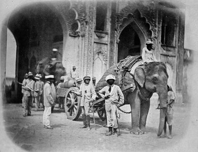 Soldiers with an elephant pulling a gun, 1858 by English Photographer